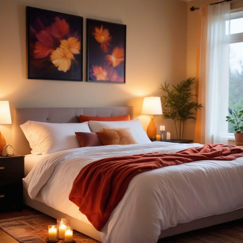 A serene and inviting bedroom scene with soft lighting, highlighting a beautifully made bed and intimate accessories like candles and aromatic oils. A gentle, abstract representation of human silhouettes intertwined, symbolizing connection and intimacy. Vibrant colors breathe life into the composition, promoting a sense of empowerment and joy in the realm of sexual health. super-realistic. warm tones. soft focus.