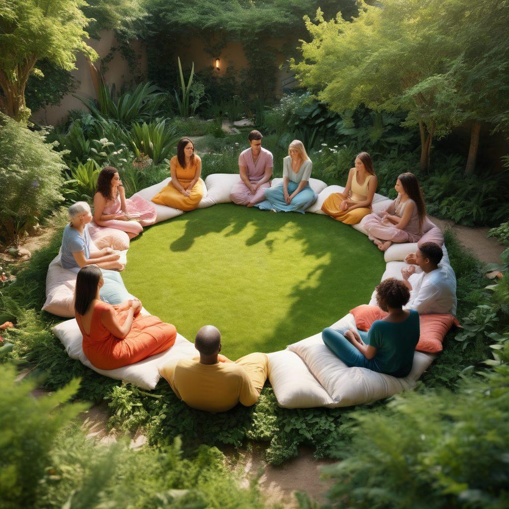 A warm, inviting scene depicting a diverse group of individuals in a serene garden, engaging in open conversations about sexuality and wellness. Include soft, flowing fabrics that symbolize comfort and self-exploration, with soft sunlight filtering through lush greenery. Visual elements like heart shapes and symbols of growth should subtly integrate with the flora, emphasizing positivity and connection in relationships. The overall feel should be harmonious and uplifting. super-realistic. vibrant colors. 3D.